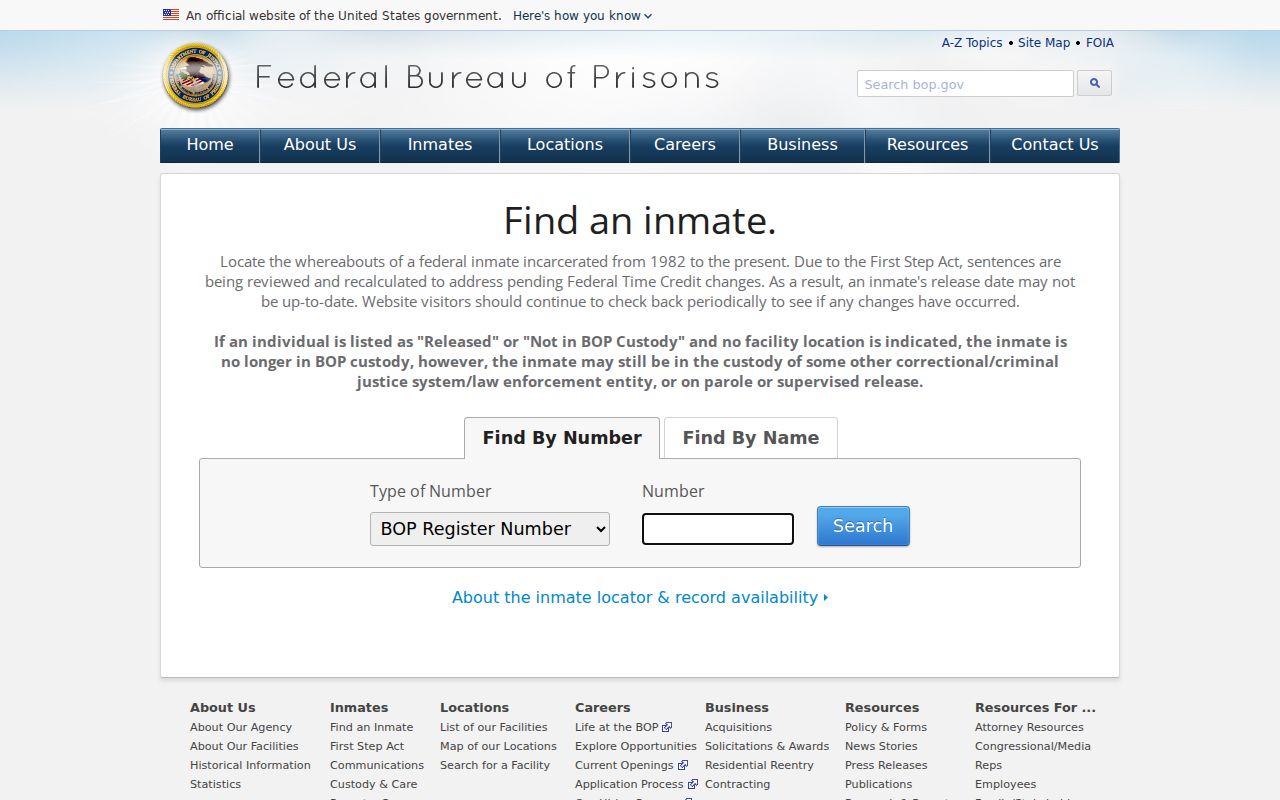 Federal Bureau of Prisons inmate locator interface