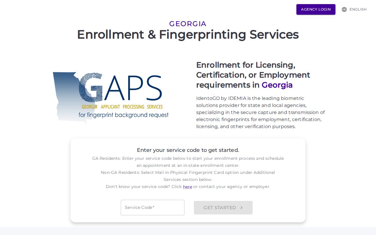 GAPS IdentoGO fingerprint enrollment interface for Georgia checks